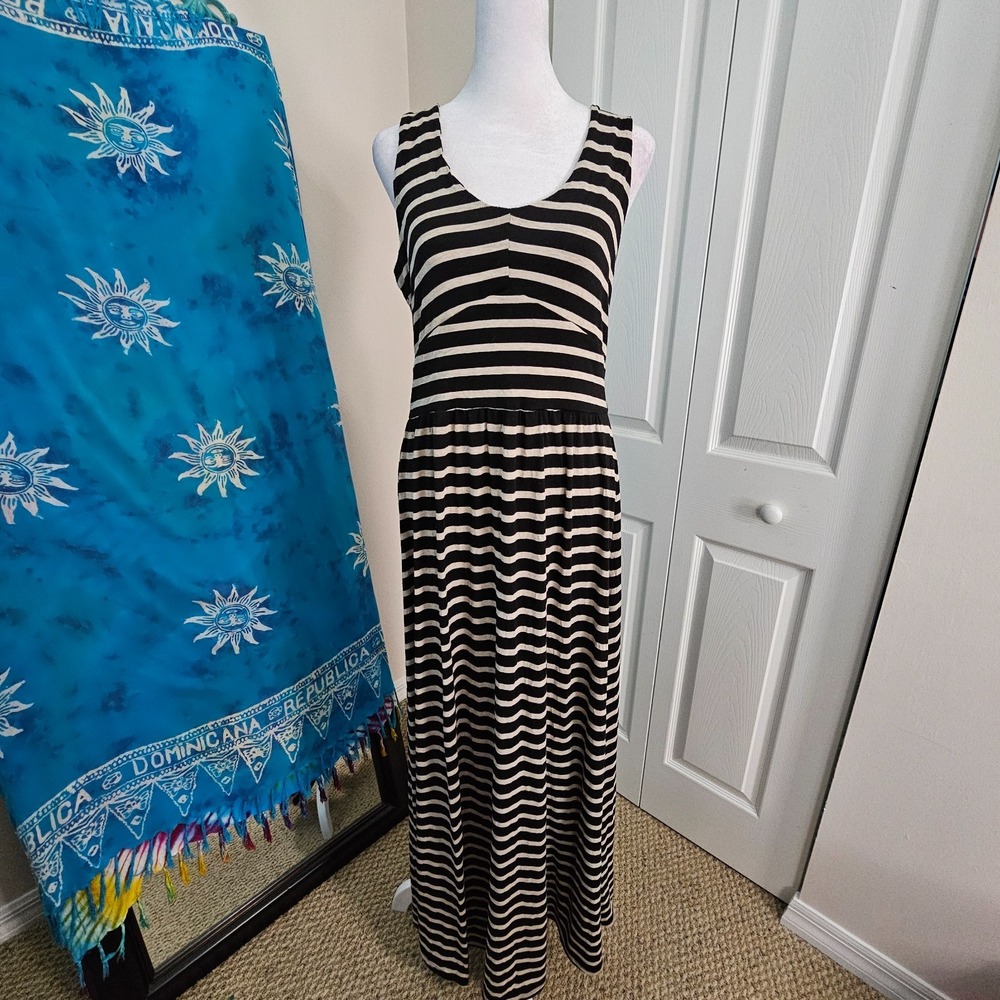 Puella Womens L Black Cream Striped Maxi Dress Sleeveless Boho Made USA